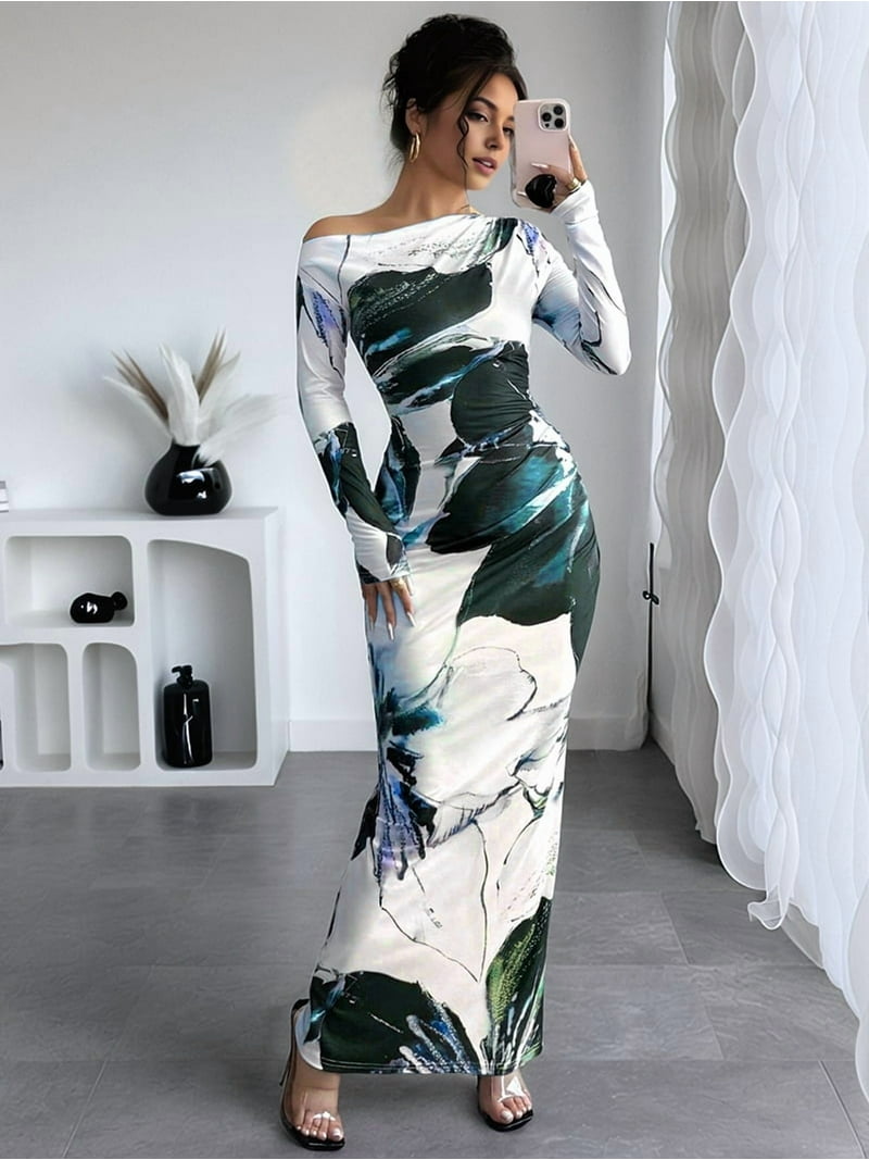 Women'S Fall Spring Fashion Long Sleeve Floral Print Tight Fitted Party  Club Ruched Maxi Dresses Sea Blue S - Walmart.com