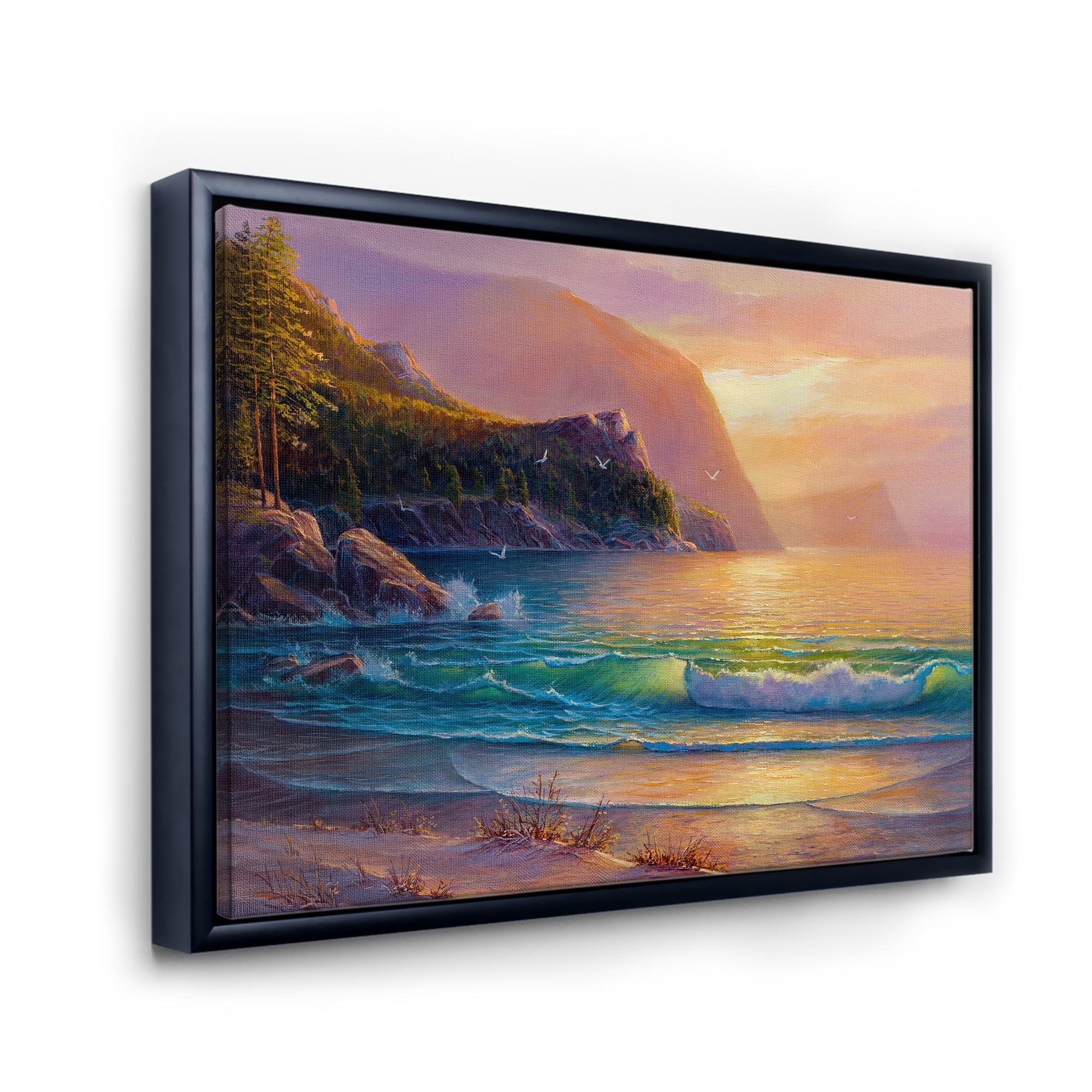 Designart 'Romantic Beach During Warm Evening' Nautical & Coastal Framed Canvas Wall Art Print