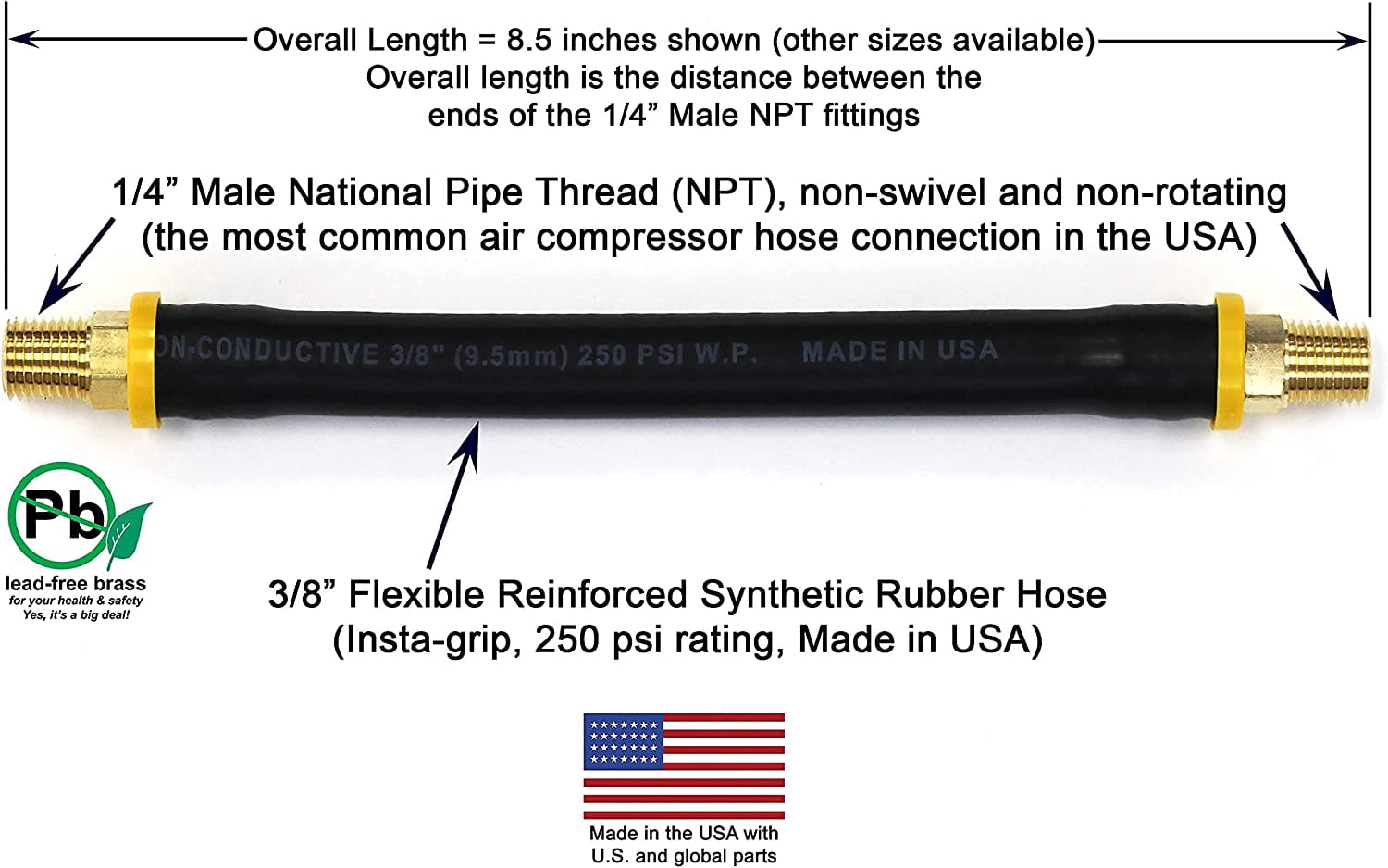MKEUDQ-8.5-inch Short Air Compressor Hose: 1/4" Male NPT to 1/4" Male NPT Connections (Lead-Free Brass)