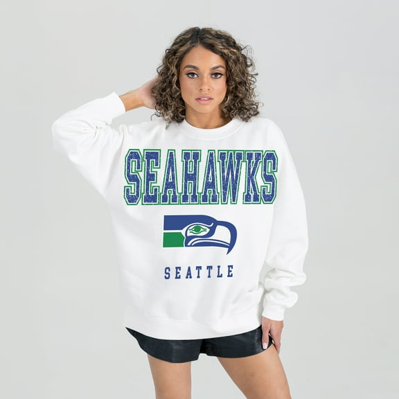 Women's Gameday Couture White Seattle Seahawks Classic Sunday Drives Oversized Premium Fleece Pullover Sweatshirt