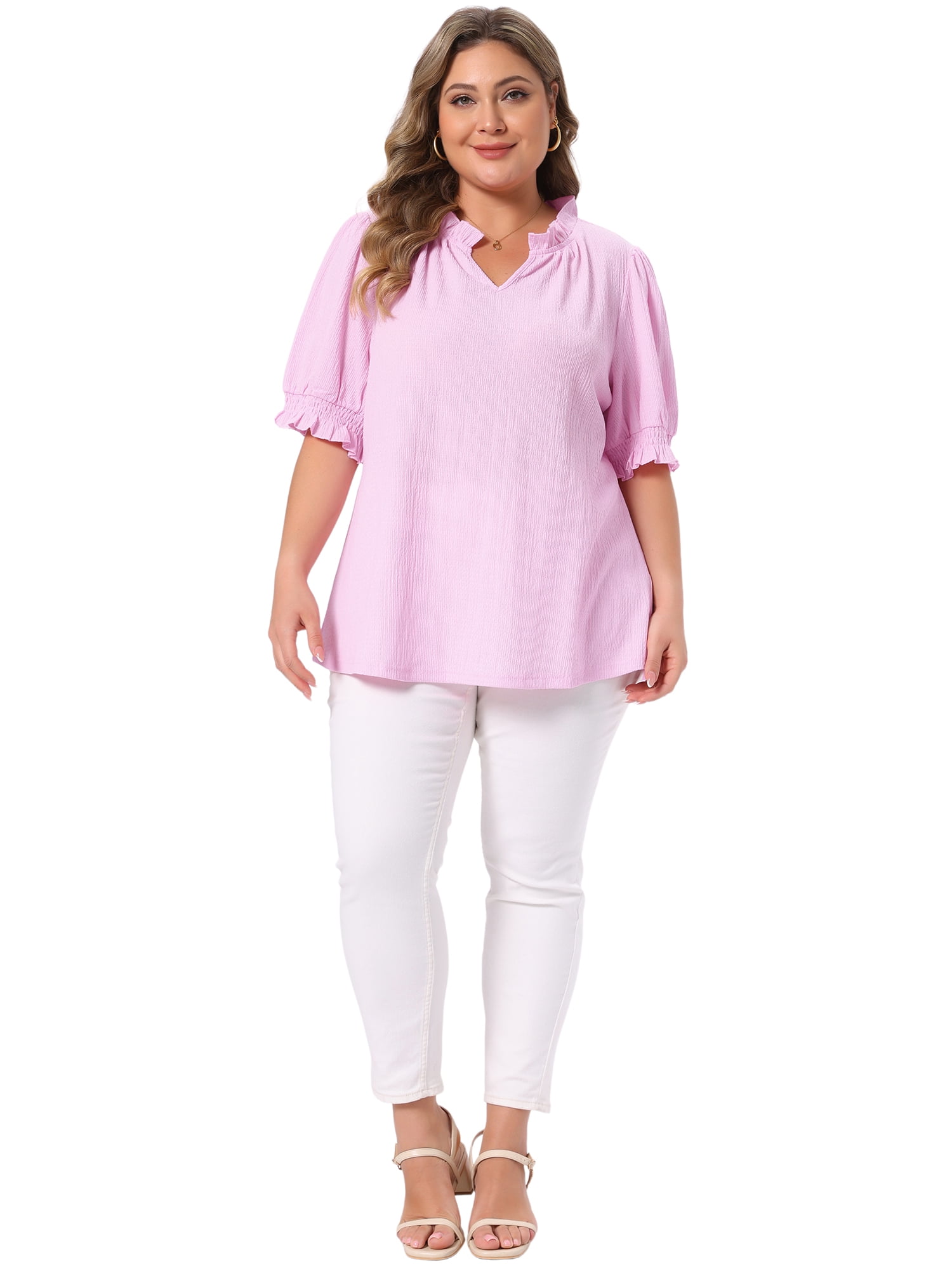 DARING DIVA Women's Plus Ruffled Trim V Neck Puff Sleeve Top 2X Pink