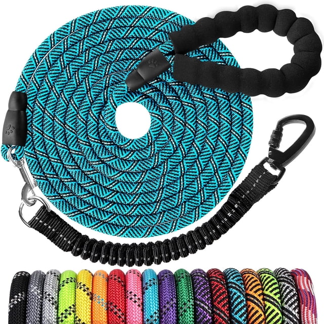 Long Dog Leash 15 FT: Heavy Duty Rope Leashes for Dogs Training with Swivel Lockable Hook Reflective Threads Bungee and Padded Handle - Dog Lead for Large Small Medium Dogs Outside Walking Hiking Blue