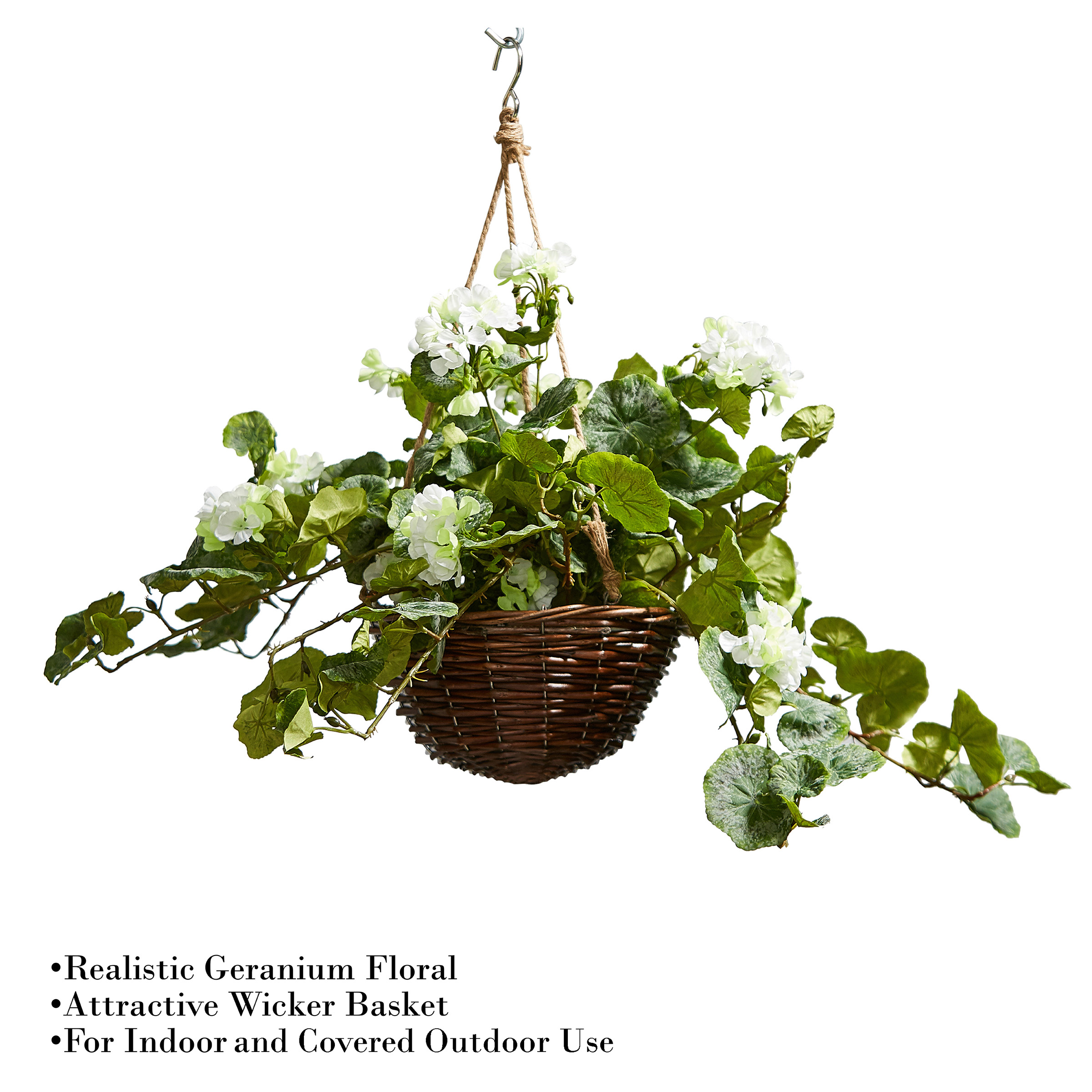 Pure Garden Faux Flowers – White Geranium Hanging Natural and Lifelike Floral Arrangement with Basket