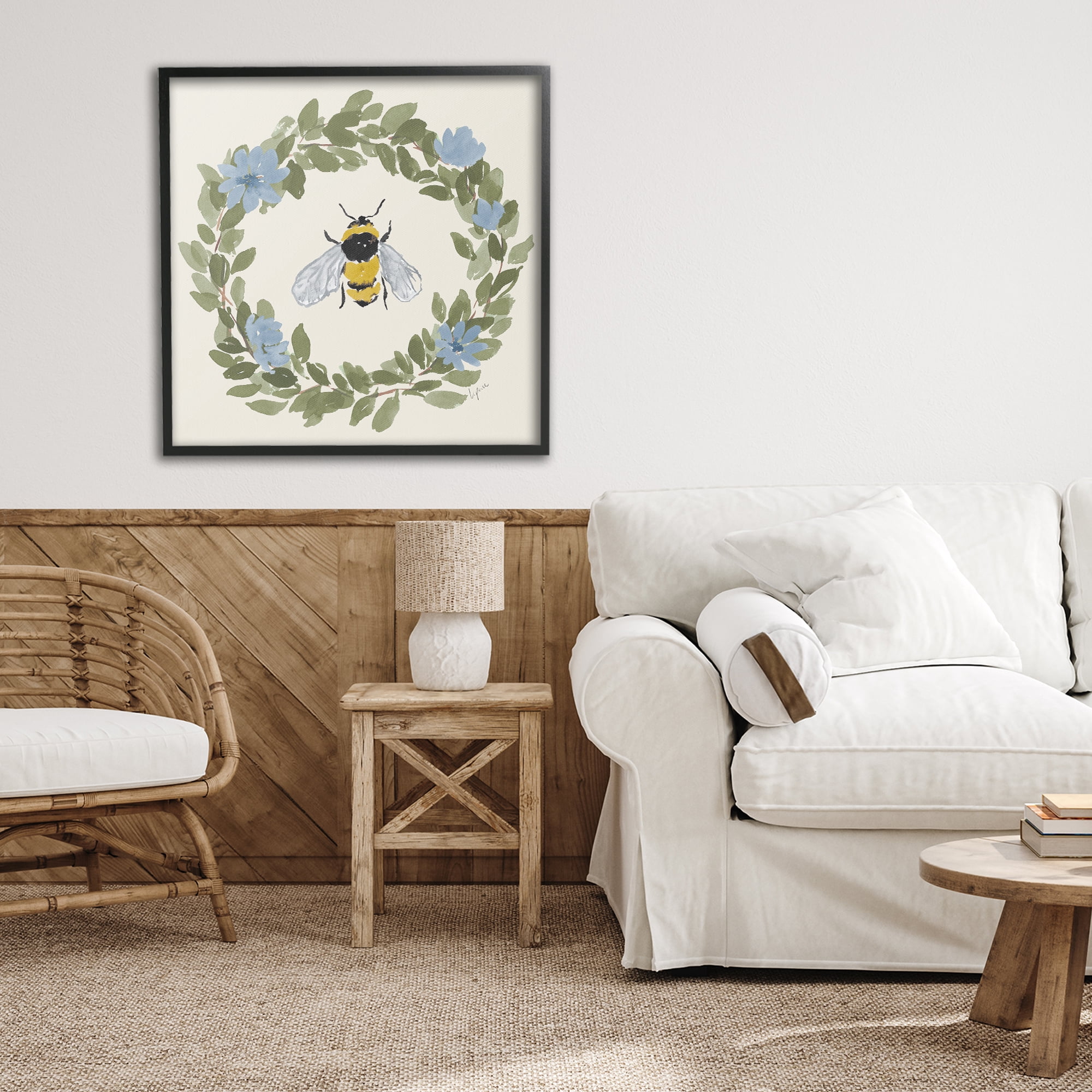 Stupell Industries Floral Wreath Bee Celebration Black Framed Giclee Art, design by Lucille Price