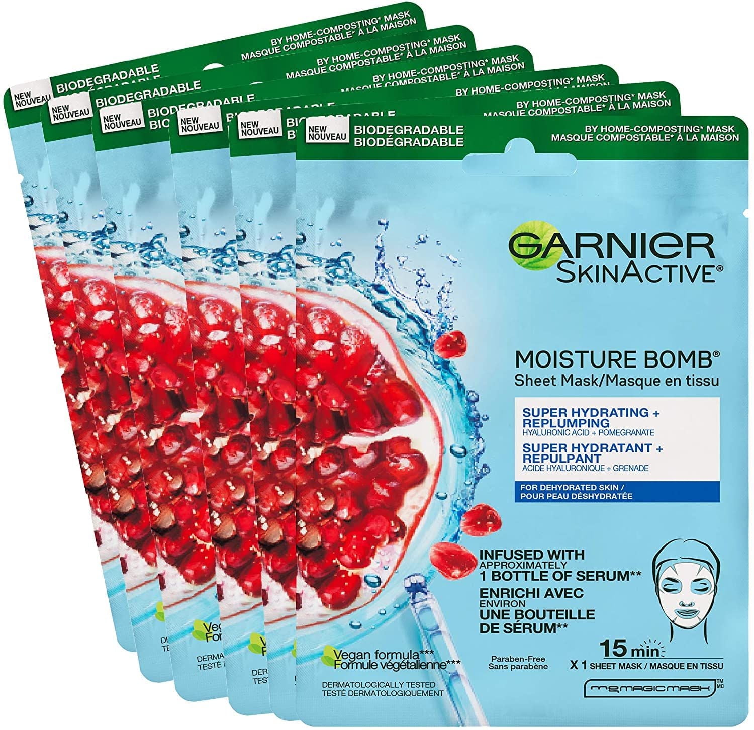 Masque Garnier Beauty, masque en tissu Moisture Bomb super hydratant avec acide hyaluronique et grenade, lot de 6