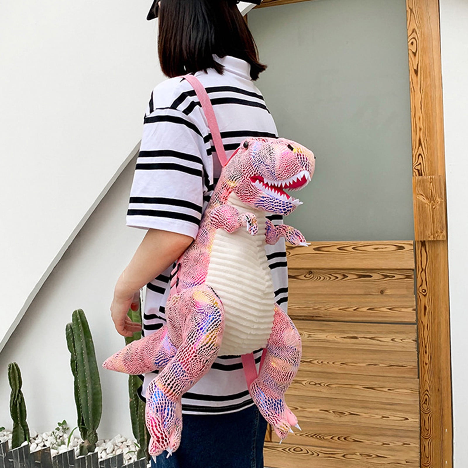 Pink Dinosaur Plush Toy Bag For Kids Weighted Stuffed Animal Backpack Soft Cotton Decoration 60Cm