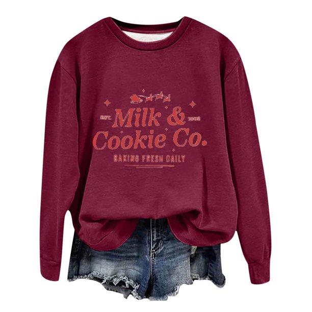 Gibobby Sudaderas para mujer navidad Mujer Otoño e Invierno Adecuado Navidad Estampado O Cuello Ajuste Tops Casual Manga Larga(Rojo,CH)