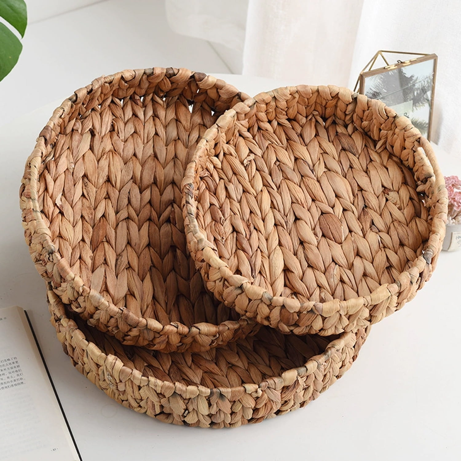 GoXteam Water Hyacinth Storage Baskets, Woven Hyacinth Storage Baskets, Laundry Water Hyacinth Basket for Organizing with Carrying Handles, Rattan Baskets for Shelves