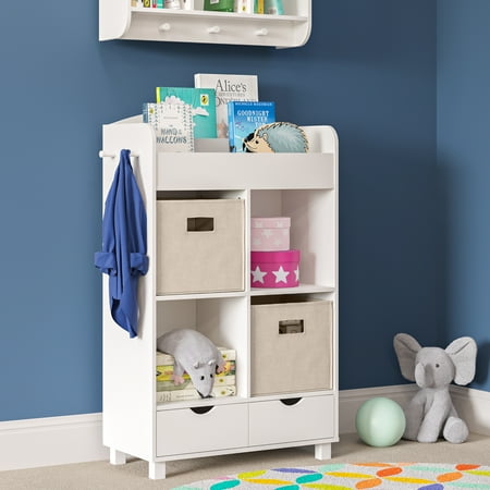 UPC: 0813924018125 | RiverRidge Home Book Nook Kids 1-Shelf 4-Cubby 2-Drawer Storage Cabinet with Bookrack -2pc Taupe Bin Set