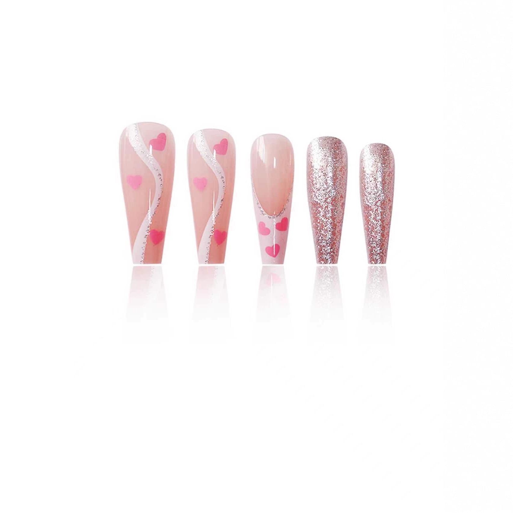 Cross-border hot sale ballet fake nails sweet love flash silver glitter embellishment wearing nail piece finished product wholesale