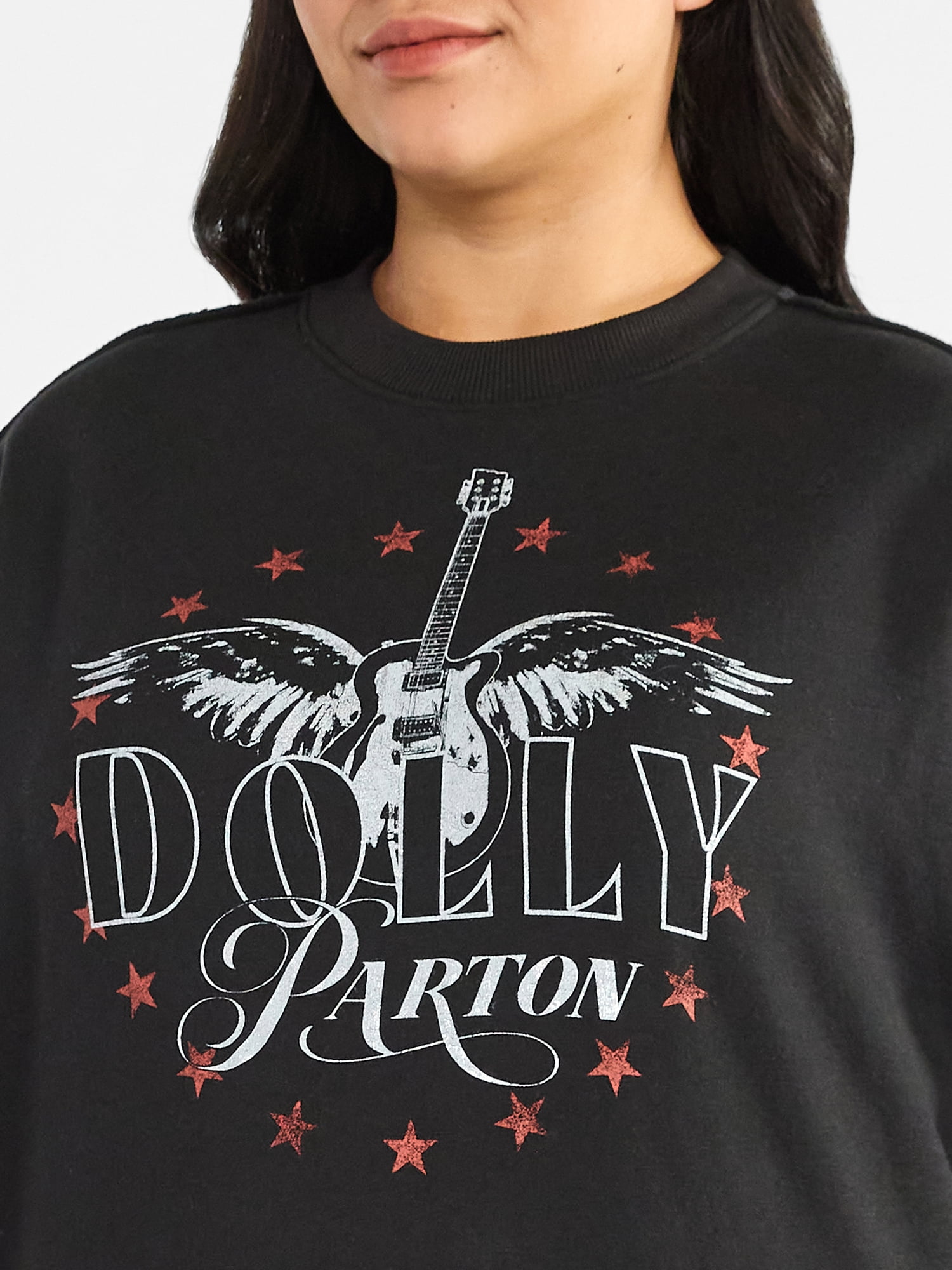 Terra & Sky Women's Plus Size Dolly Parton Guitar Wing Star Graphic Sweatshirt with Long Sleeves, Sizes 0X-4X