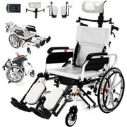 Mujocooker Reclining Wheelchair for Adults, Swing-Away Elevating Leg Rests and Flip-Back Arms, Heavy Duty Transport Wheelchair with High Back & Removable Headrest