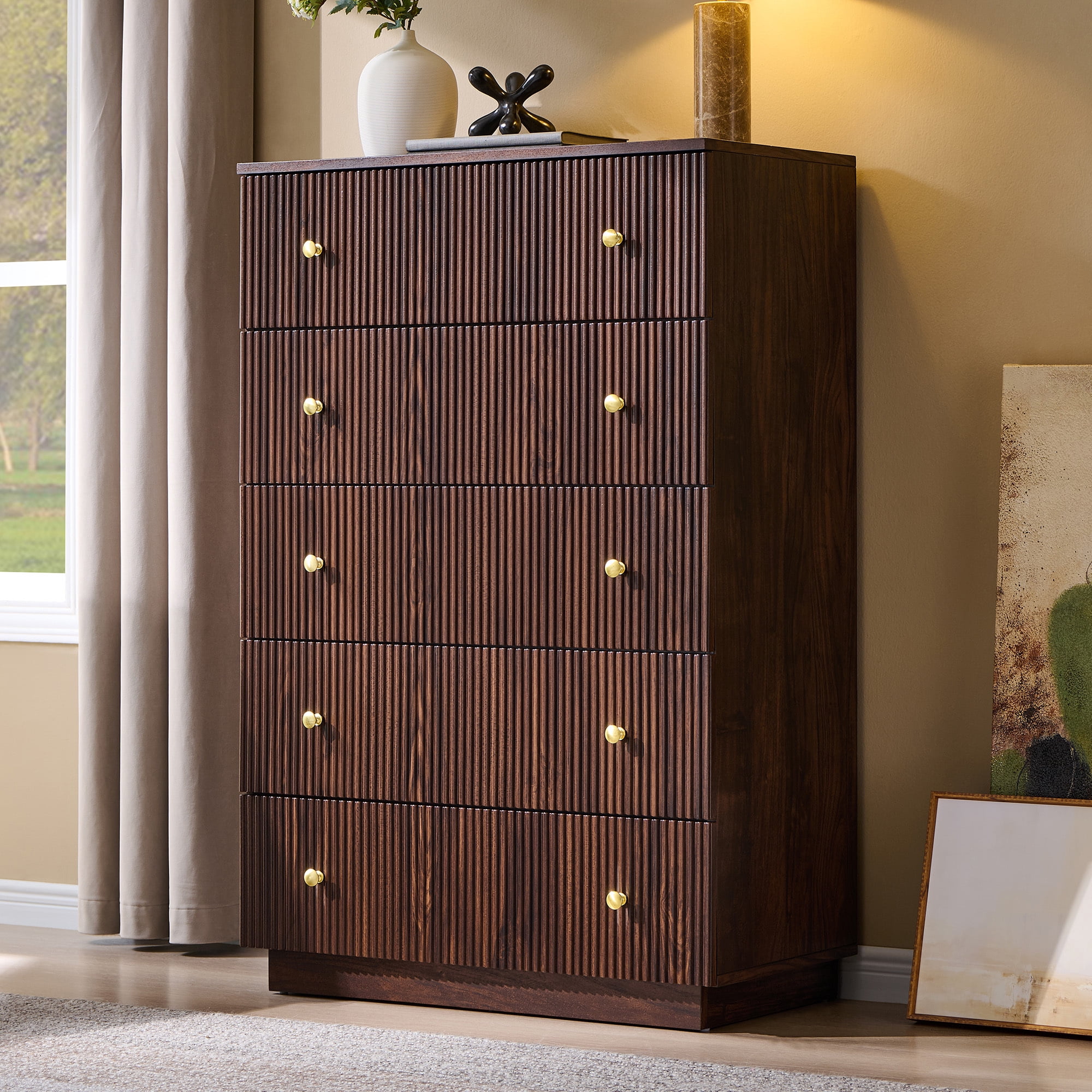 wow97e Fluted 5 Drawers Dresser, Wood Tall Chest of Drawers with Deep Storage, Modern Bedroom Chest for Closet Hallway, Entryway, Living Room