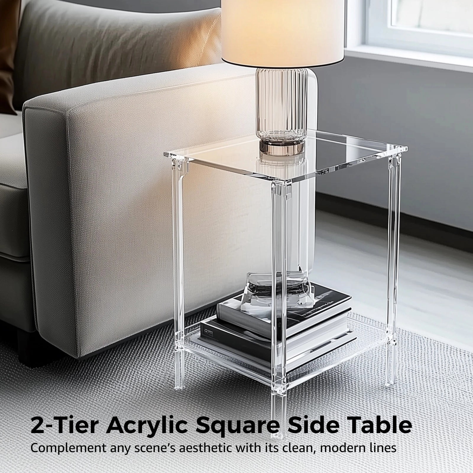 1 Pc 2-Tier Acrylic Square Side Table, Corner Tea Side Table for Home, Bedroom Bedside Table for Nightlight, Small End Table for Tight Spaces, Clear Coffee Table for Books(15.7 x 11.8'')