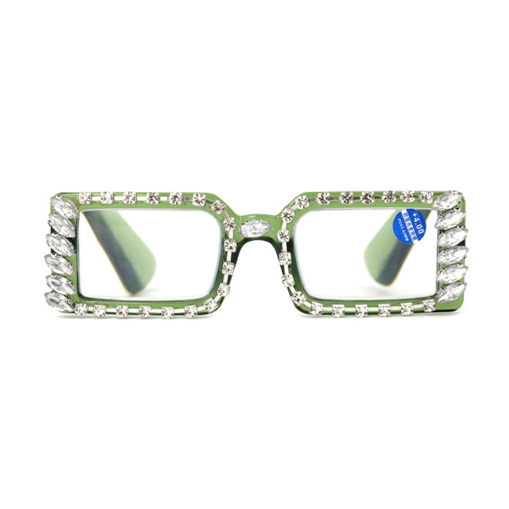 3 Pairs of Women Silver Rhinestone Green Reading Glasses 1.50 Ladies Square Anti-Blue Light Readers +1.50 strength
