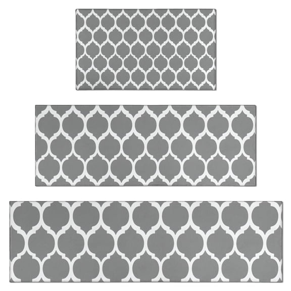 Gray Geometric Quatrefoil Pattern Kitchen Rugs Sets Of 3,Kitchen Runner Rugs Non Skid Washable,Decorative Kitchen Floor Mats for Kitchen,Sink,Laundry,17"x30"  17"x47"   17"x59"