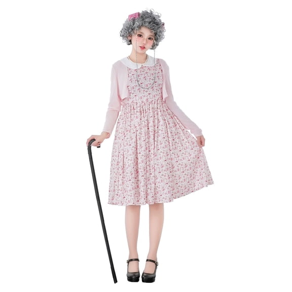 SJLDQY Funny Womens Old Lady Dress Up Fashion Floral Print Dress With Shawl Outfits Party Stage Performance Clothes Set