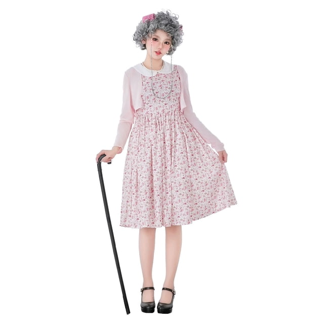 Floral Print Grandmother Style Dress For Adults Classic Old Lady With Ruffles And Playful Charm