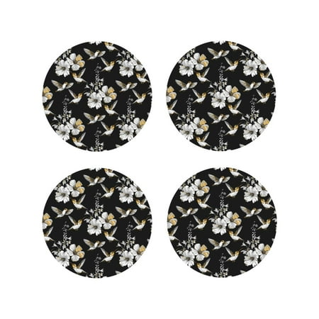 

Leather Coasters Set of 4 - White Flowers Hummingbirds Lightweight Non-Slip Drink Coasters for Desk Anti-Scalding Desk Cup Coasters for Office Table Decor Round Shape