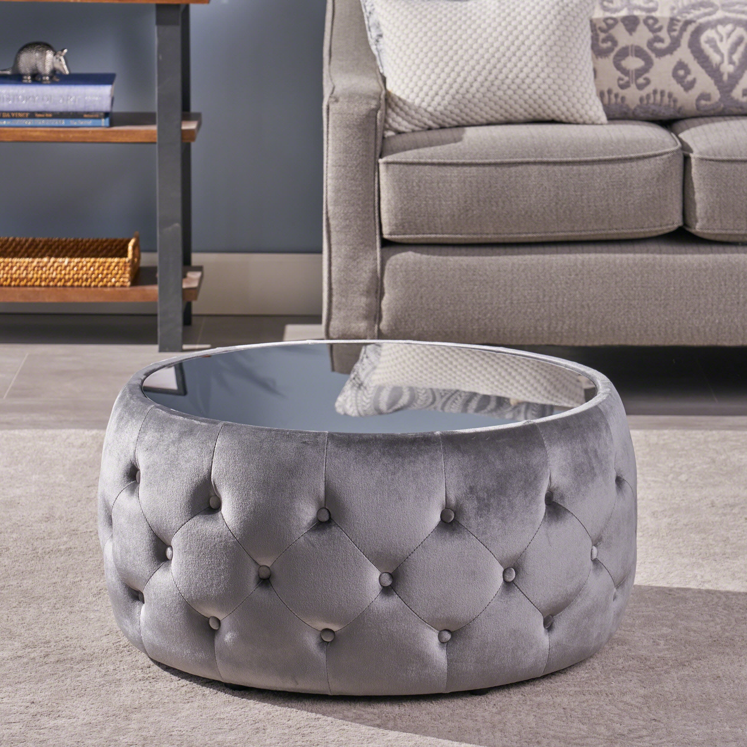 Ivy Glam Velvet And Tempered Glass Coffee Table Ottoman Smoke Walmart Com Walmart Com