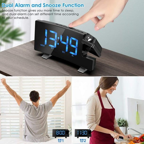 Reloj despertador con radio de techo de proyeccion reloj despertador con proyector de techo con radio FM pantalla LED grande Pantalla 12 24H Puerto de carga USB Reloj despertador dual Brillo ajustable...