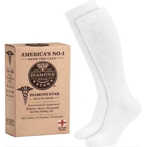 Diamond Star Diabetic Over the Calf, Non-binding Premium Cushion Cotton Knee High Comfortable Socks for Men (White - 2 Pairs, Socks Size 10-13)