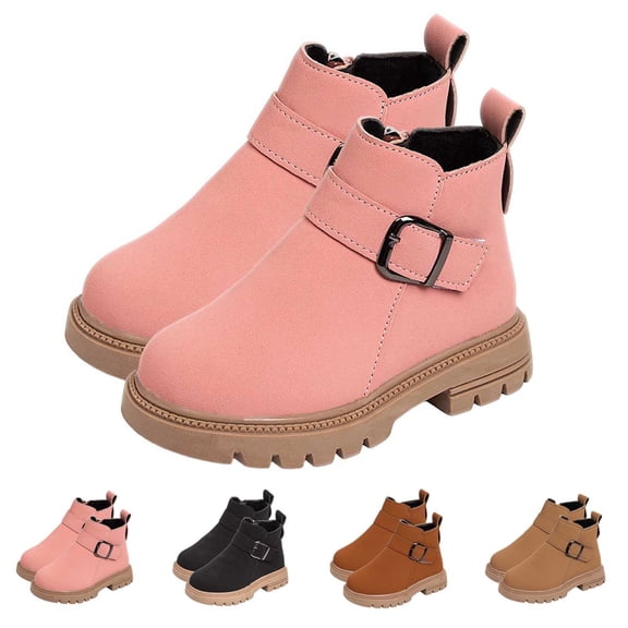 BXJX Girls Ankle Boots, Fleece Lined Thick Sole Side Zipper Non-Slip Fall Winter Boots Pink Size 10 Little Kids
