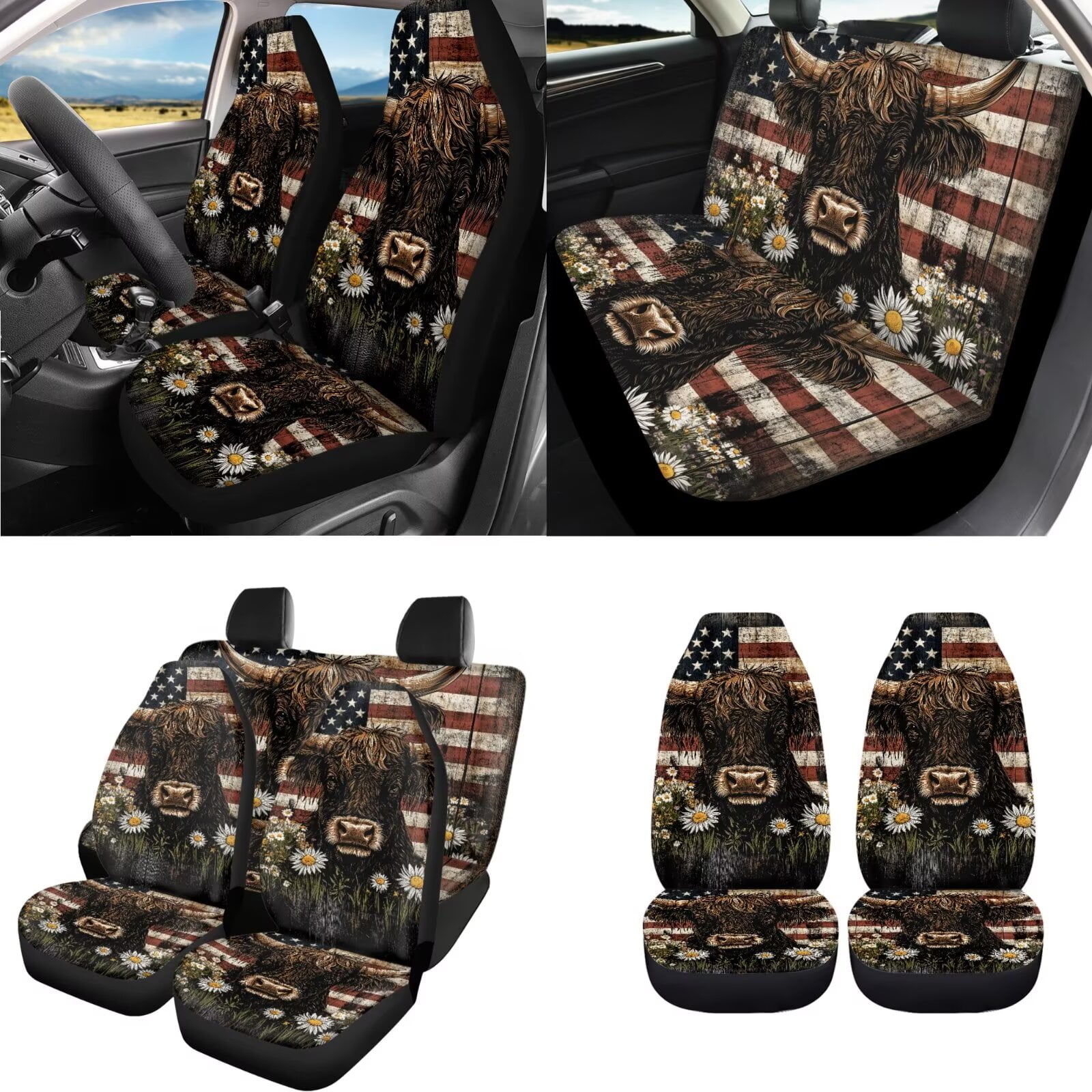 Uorisanigo Highland Cow US Flag Car Seat Covers Full Set 18 Pack Steering Wheel Cover+Seatbelt Pads+Center Console Pad+Headrest +Shift Knob & Handbrake Cover+Coasters+Keychain Keyrings