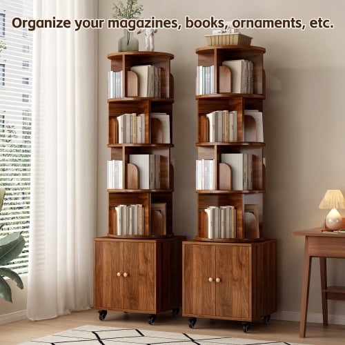 6 Tier Rotating Bookshelf, 360° Display Spinning Bookshelf Tower with Wheels and Drawer, Wood Tall Bookshelfs for Small Space, Corner Bookcase for Bedroom, Living Room, Study Room