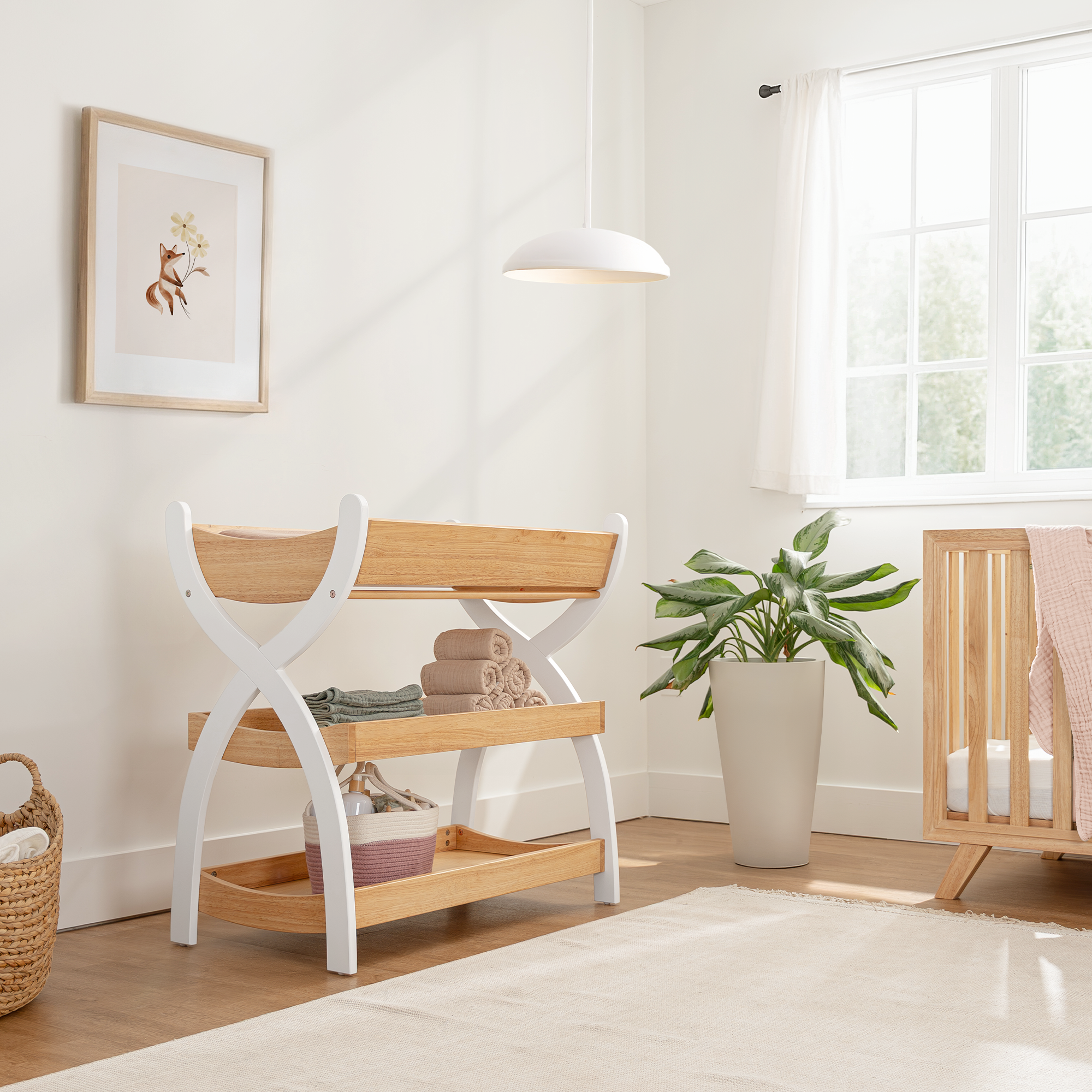 Comfy Cubs Baby Changing Table with Two Open Shelves for Storage - Natural Wood with White Legs