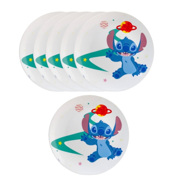 Set 6 Platos Trinche o Llanos Redondos de Porcelana Resistente, Diseño Stitch Espacial, Disney Clásicos, Juego de Platos 24 cm
