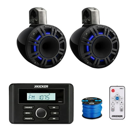 Kicker 46KMC3 Marine Gauge Style USB Bluetooth AM/FM Stereo Square Media Center Receiver 2x 8 500 Watt Peak Multicolor LED Horn-Loaded (HLCD) Tower Speakers (Black) with LED Remote 50 Feet Wire