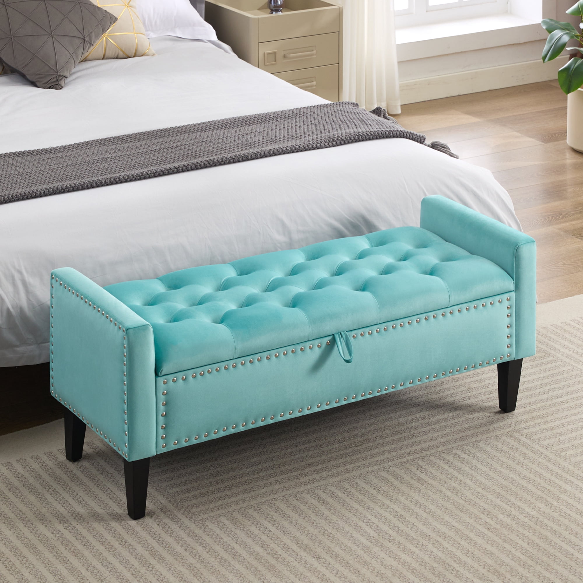 Velvet Storage Bench, Upholstered Bed Bench with Storage, End of Bed Ottoman with Wooden Legs,Bedside Storage Bench for Bedroom, Living Room, or Entryway, Teal