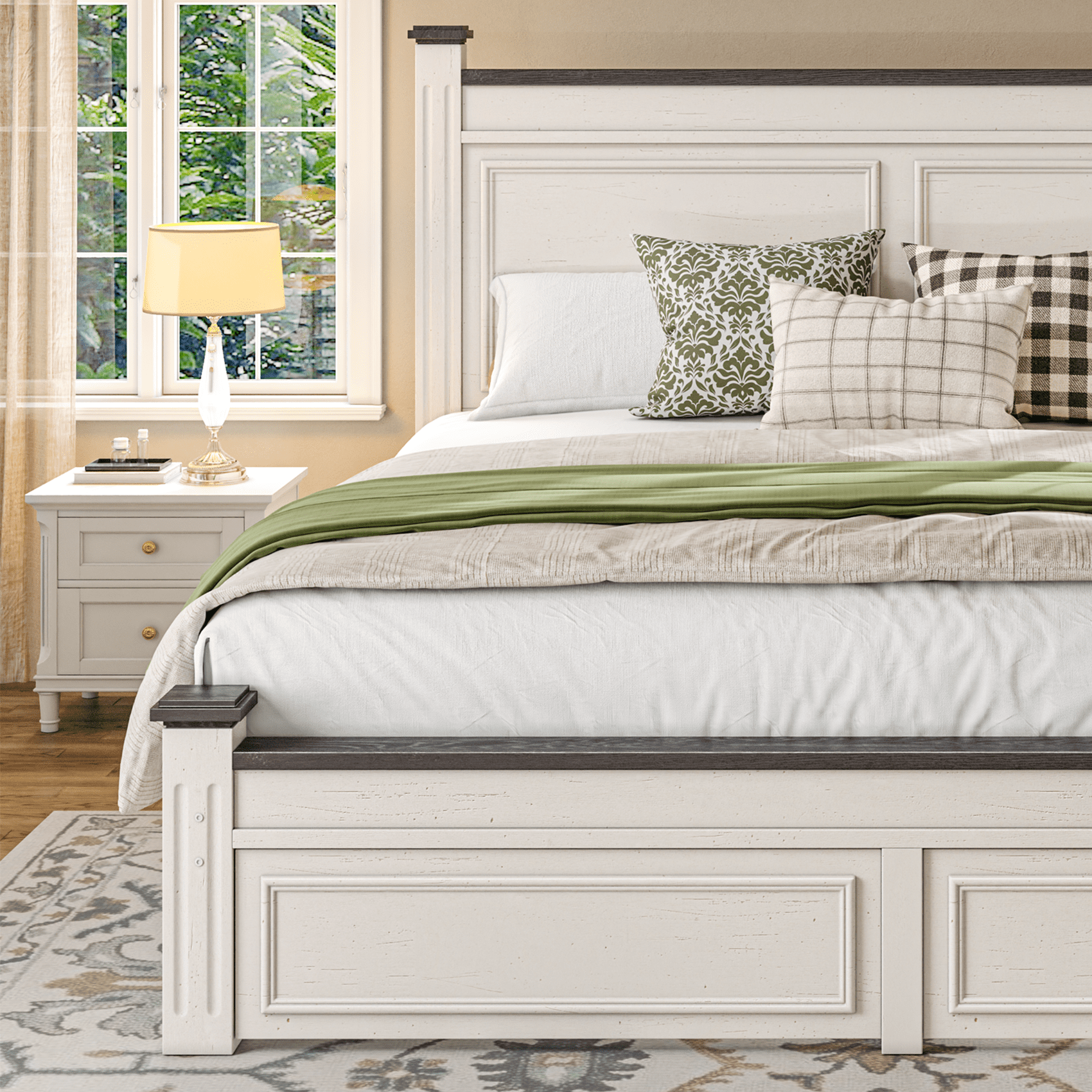 EnHomee King Bed Frame with 2 Storage Drawers King Size Bed Frame with 51.25" H Headboard Farmhouse Bed Frame NO Noise, No Box Spring Needed, White