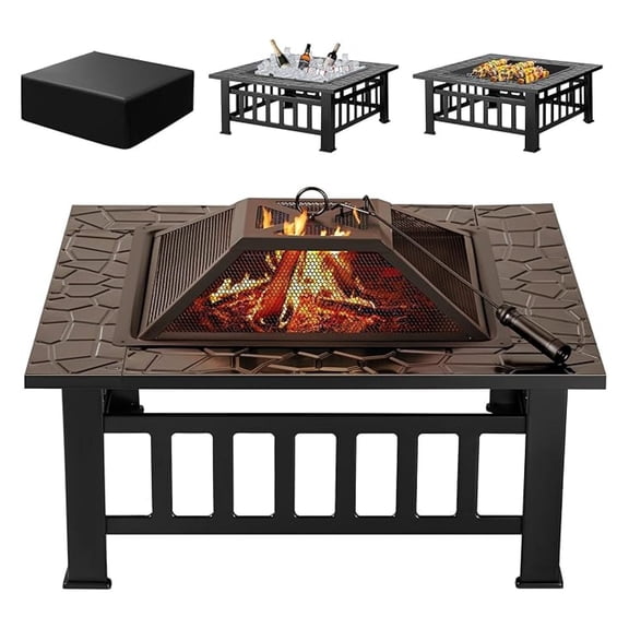 AIZYT Outdoor Fire Pit, 32 Inch Firepit Table Metal Outdoor Fireplaces with Waterproof Cover for Outside Patio Camping (Black)