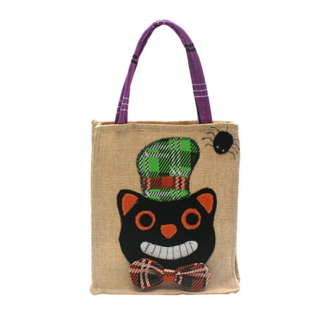 Halloween Linen Candy Bag Trick or Treat Kids' Candy Bucket Handbag with Handle Halloween Party Costumes Supplies Decoration--Black Cat