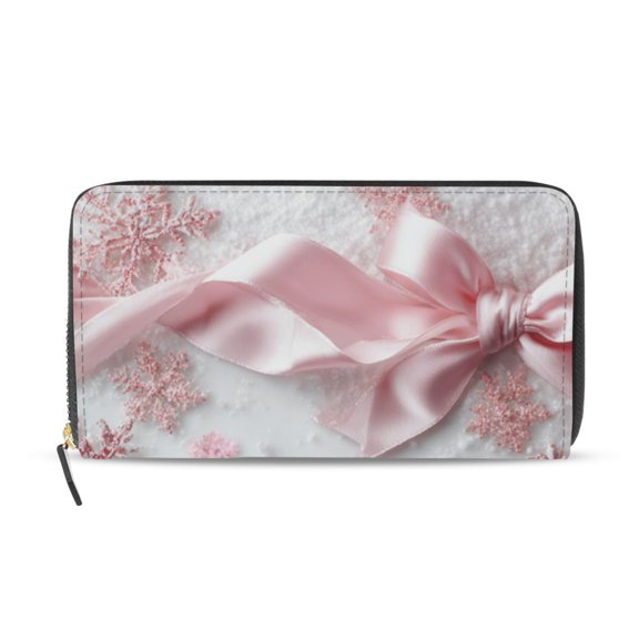 Snow Pink Silk Bows Christmas Women's Long Zipper Wallet Bifold Clutch Purse PU Leather Card Cases