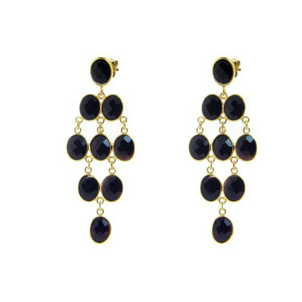 Sterling Silver Black Natural Stone, Gold And Black Chandelier Earrings