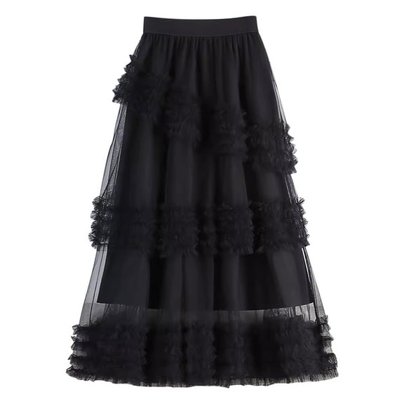 Womens Skirt Boho Elastic High Waist Ankle High Waisted A-Line Long Maxi Skirt Ladies Solid Color Black Cake Mesh Medium Long Style Large Size Skirt Ndbuld,Black