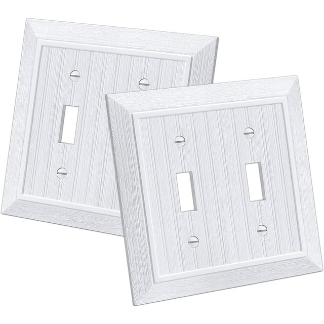 Woeilo Plaque Murale Interrupteur Double Toggle Classique, Couvercles de Prises 2-Gang, Design Grain de Bois Vintage Rétro, Taille Standard 4.95”X 4.87”, Résistant aux Chocs, Lot de 2, Blanc Blanc 2 Pack