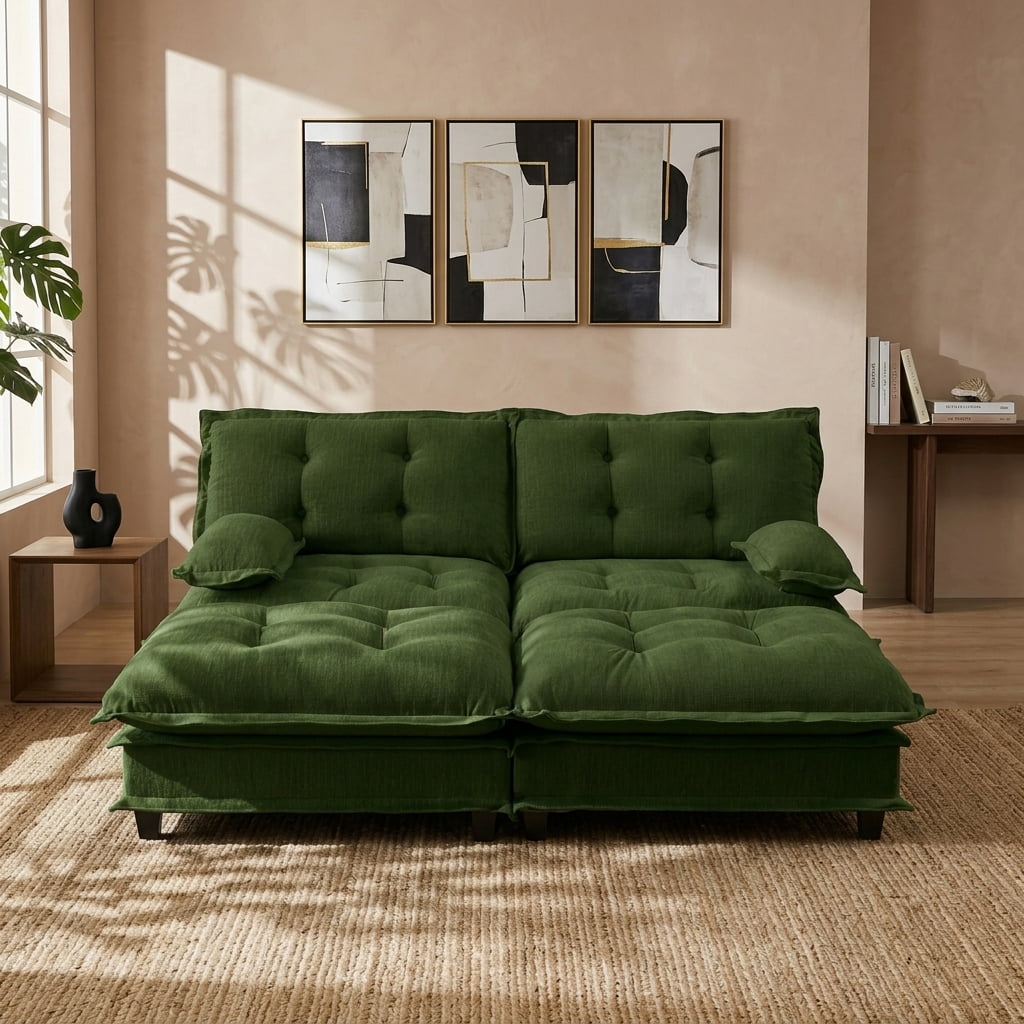 AISWORD 77" Sleeper Modular Sectional Cloud Sofa with 2 Ottomans, Chenille Fabric Deep Seat Couch with Lattice Decored Cushions