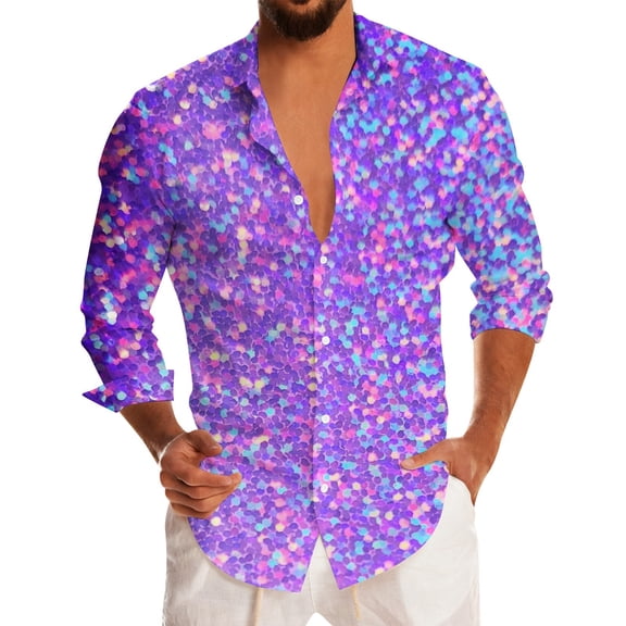 Telankuip Mardi Gras Long Sleeve Shirts for Men Festive Hawaiian Button down Bowling Shirt Fashion Colorful Sparkling Sequin Printed Carnival Holiday Tops Loose Comfy Stylish Outfits 10-Purple XL