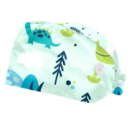 

2PCS Working Cap with Buttons and Sweatband Adjustable Tie Back Hats Bouffant Caps Dinosaur Scrub Turban Hat