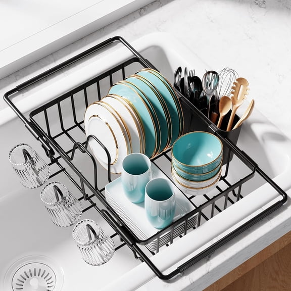 Dish Drying Rack in Sink, Expandable Stainless Steel Dish Rack Over the Sink with Cutlery Holder & Cup Holders, Space Saving Kitchen Sink Organizer, 304 Stainless Steel, Black