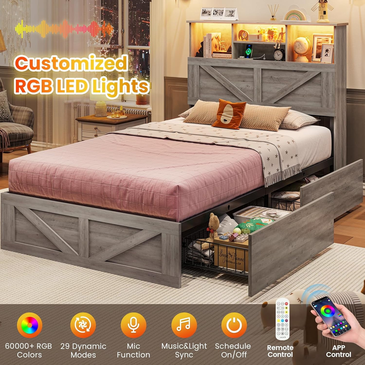 Twin Size Bed Frame, Farmhouse Wooden Platform Twin Bed with Storage Headboard Bookcase and 11'' Under-bed Storage Drawers Gray