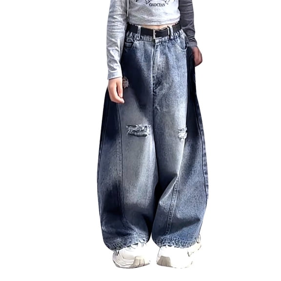 KVPLBQFD Y2k Baggy Jeans for Girls Stylish Wide Leg Ripped Hole Denim Pants Kids Loose Fit Skater Jean Teens Casual Dance Trousers Summer Streetwear