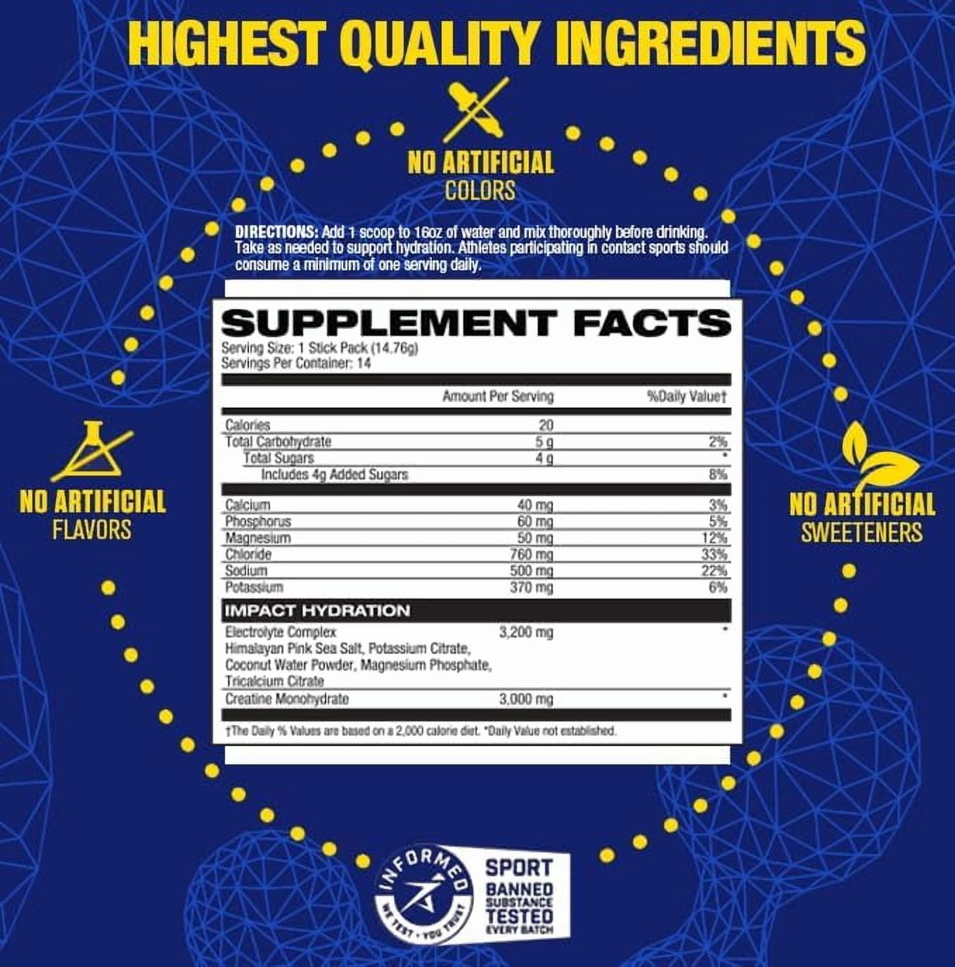 MHP Impact Hydration Electrolyte Creatine Sports Drink Stick Pack, No Artificial Sweeteners or Colors, Performance, Recovery, Concussion Protection, Lemon Lime, 14 Count