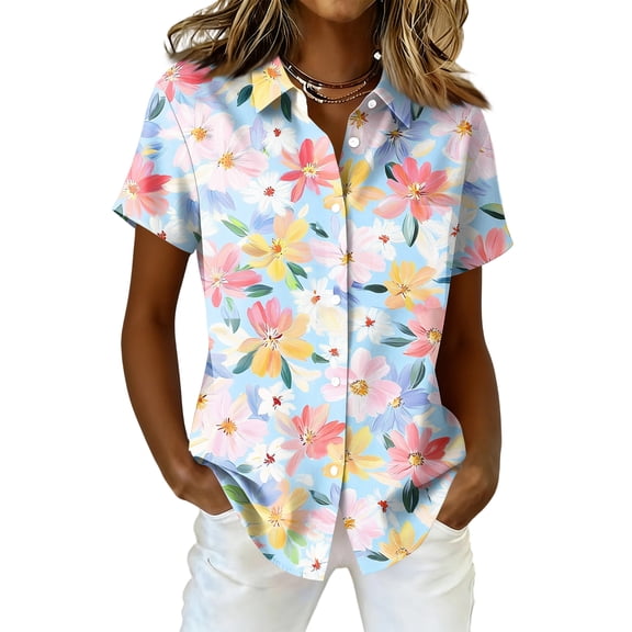 OIOLOYJM Blouses for Women Basic Casual Floral Print Short-Sleeve Button-Down Shirts Spring Lightweight Collar Clothes Business with Pocket Light Blue M