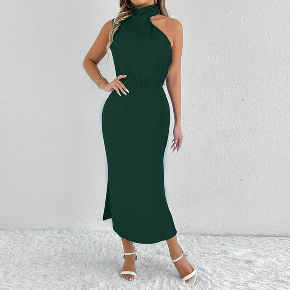 Njagoc3 Womens Halter Neck Bodycon Side-Slit Maxi Dress for Edgy Night Out & Parties