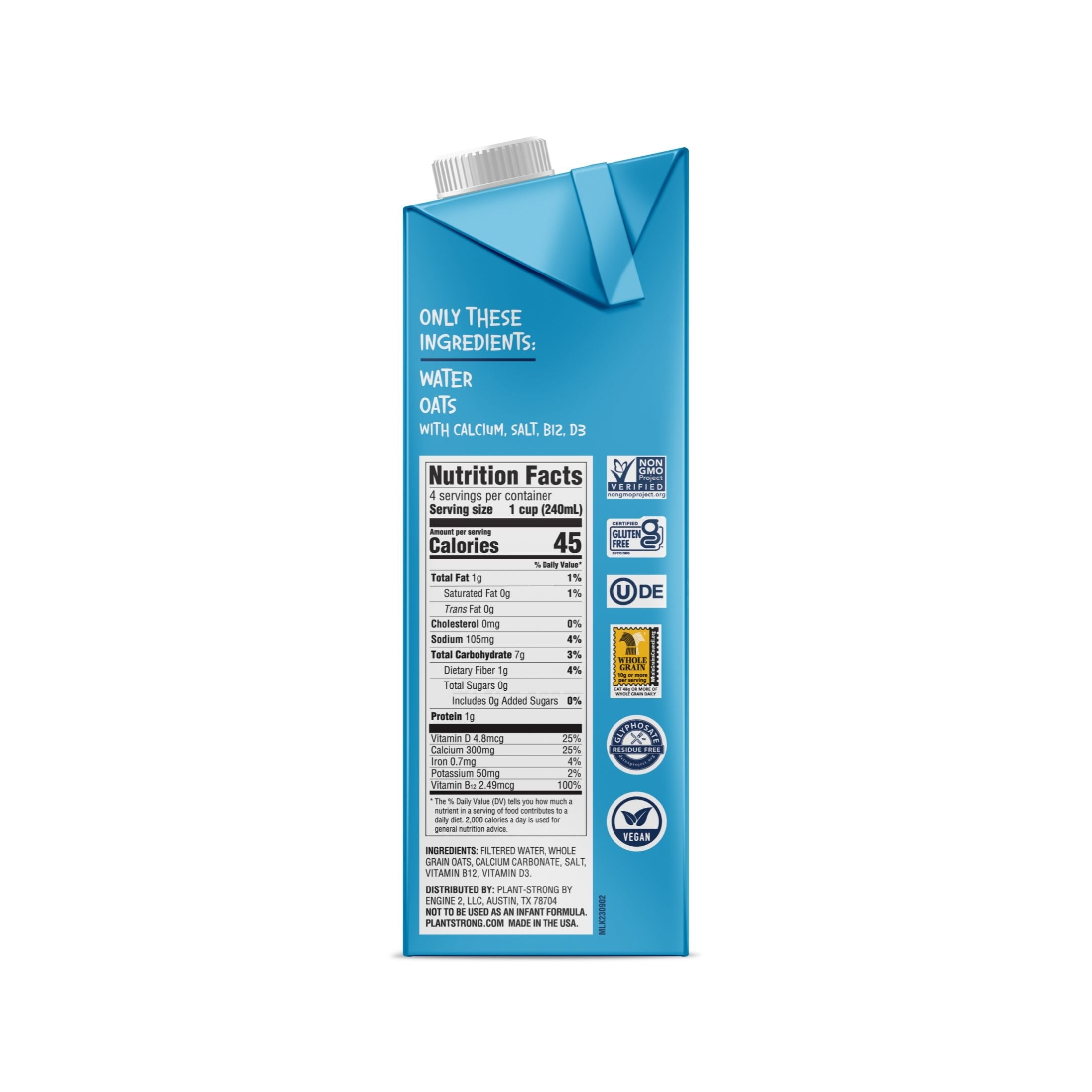 (3 pack) PLANTSTRONG Unsweetened Oat Milk - Whole Fortified Plant Milk